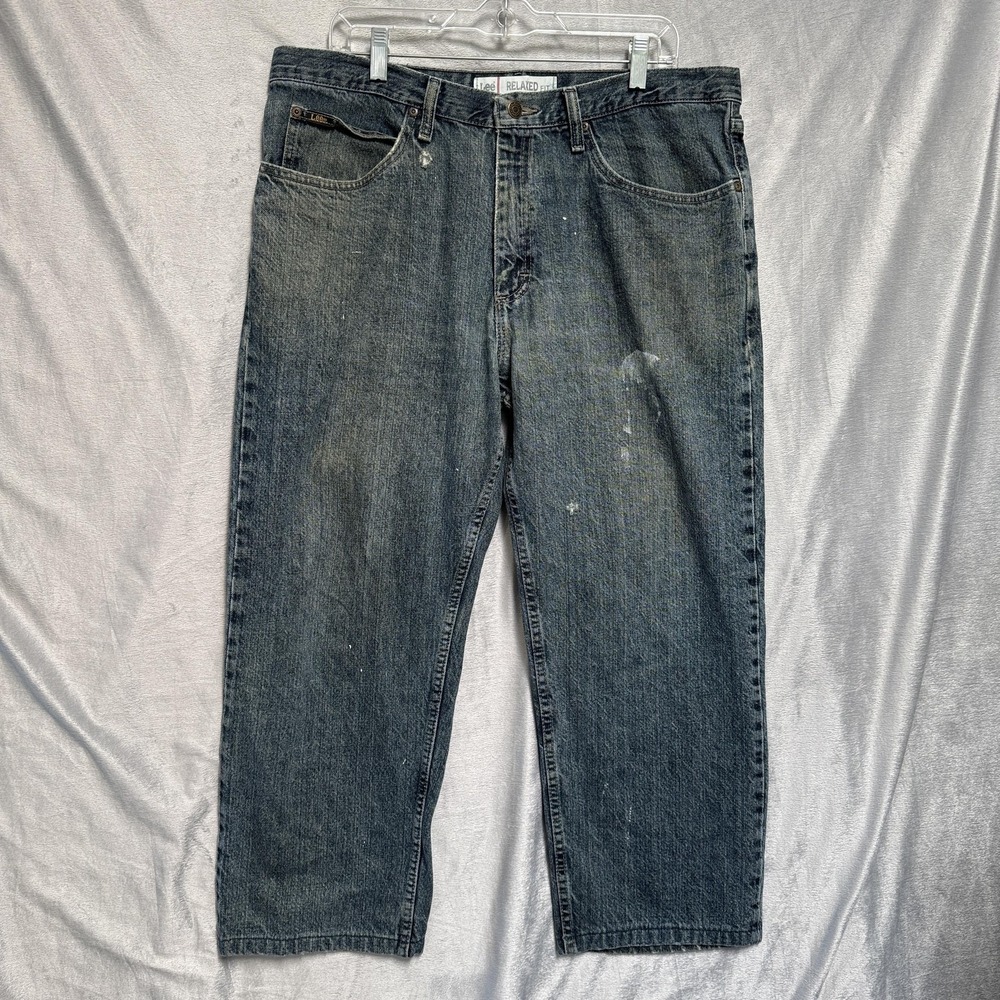 Lee‎ Jeans Mens 42x30 Blue Relaxed Fit Denim Straight Leg Workwear Distressed